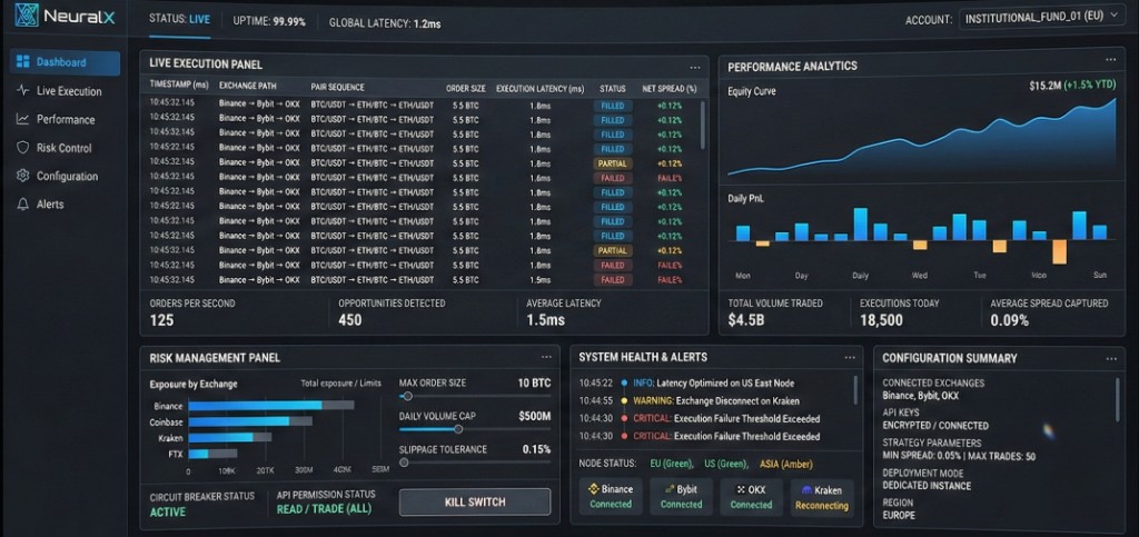 NeuralX institutional trading dashboard showing live execution feed, performance analytics, risk management controls, and system health monitoring